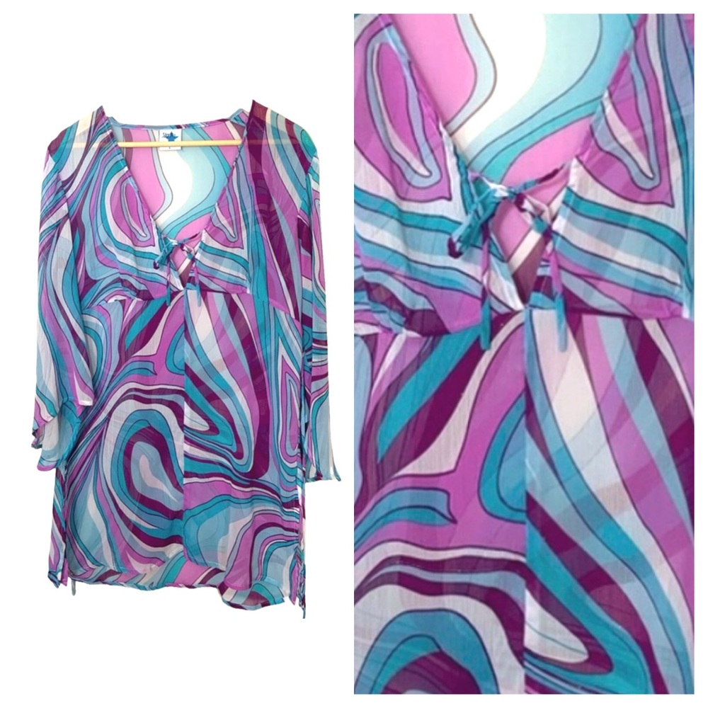 Vintage 90s / 00s psychedelic trippy tie waist swimsuit beach pool cover up